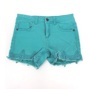 Red‎ Camel Girls Teal Denim Crochet Lace Trim Frayed Hem Shorts Size 14